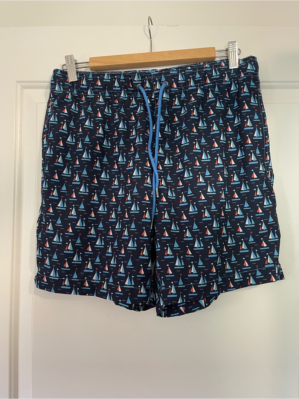 Mr.Swim Boys Navy Sailboat Print Swim Shorts with Light Blue Drawstring - Size M
